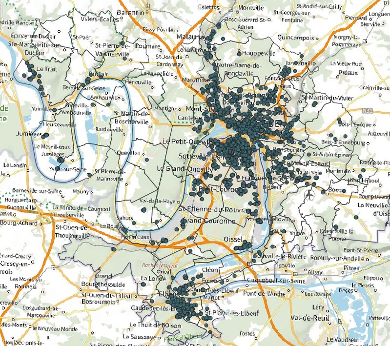 Représentation cartographique des immeubles contemporains sur la Métropole Rouen Normandie
